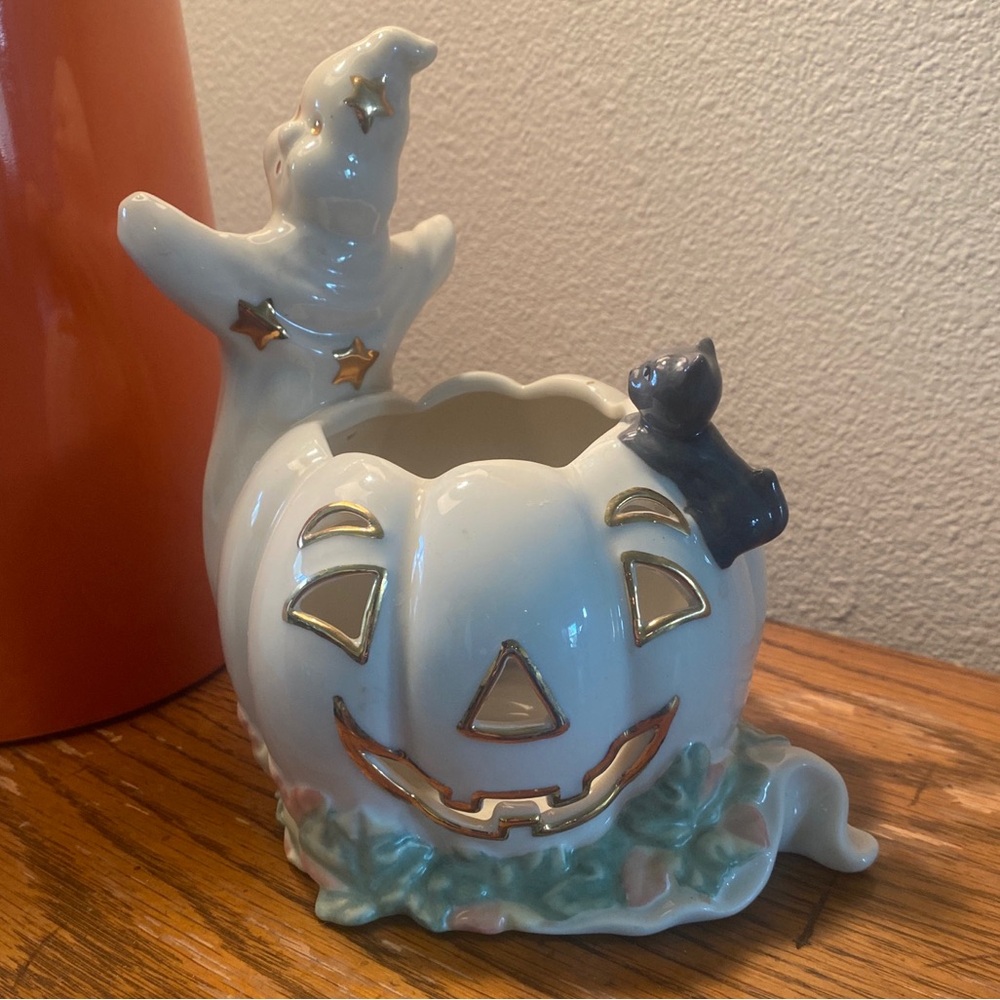 Lenox Occasions Ghost with Pumpkin Cat Votive Candle Holder Jack Lantern
